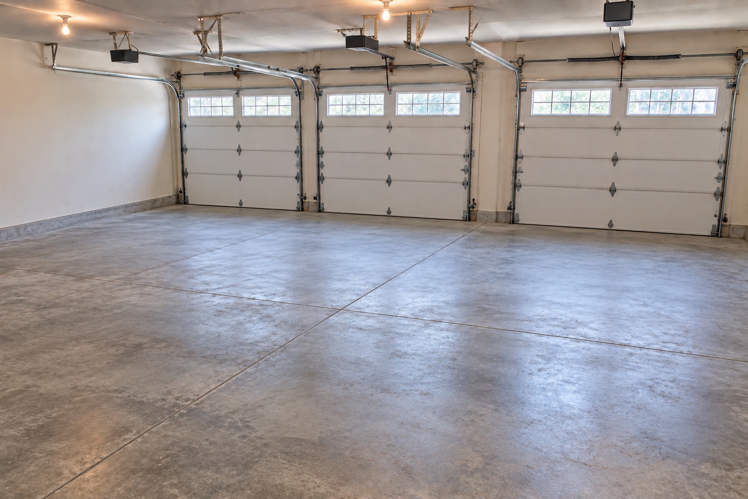 The same garage, empty and swept