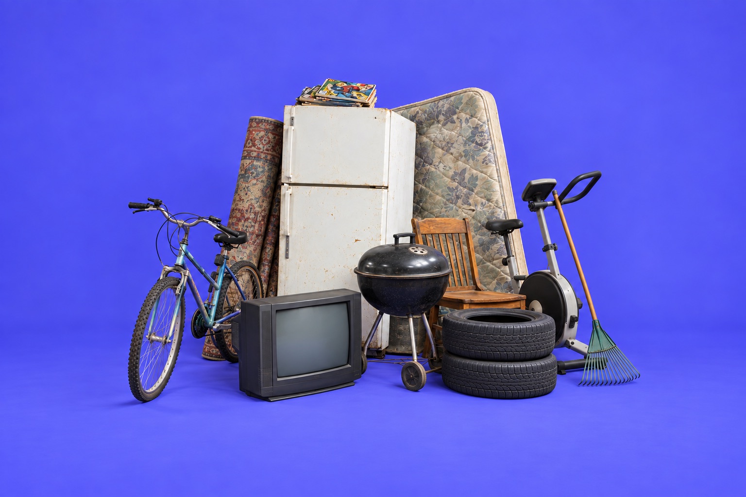 A heap of household junk: fridge, TV, mattress, bike, grill, tires, exercise bike, rug and comic books